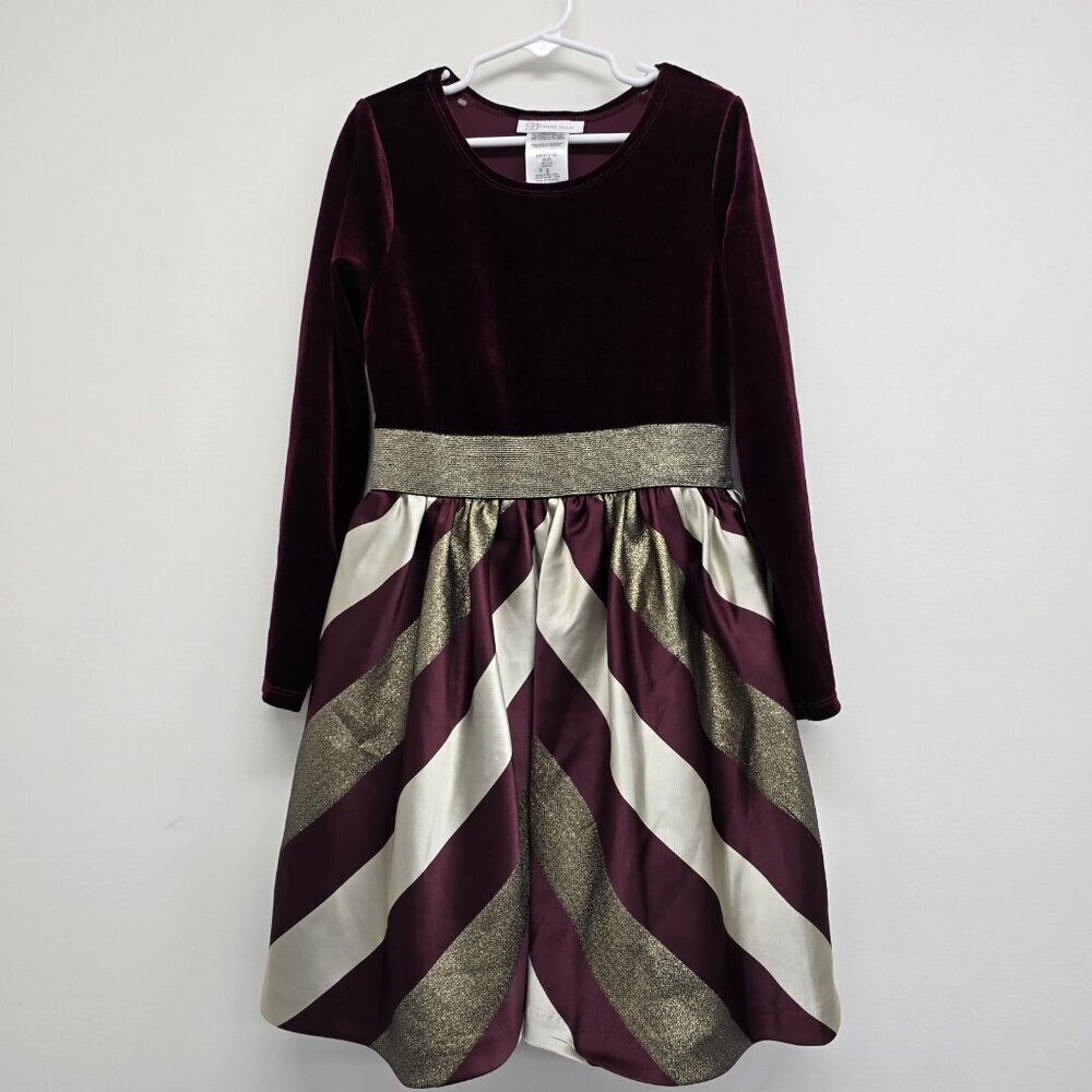Bonnie Jean Velvet Dress Size 8 Burgundy Lined Gold Christmas Holiday Festive